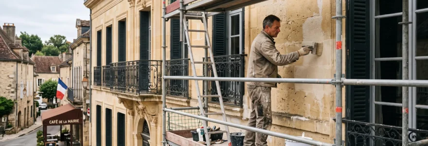 Artisan peintre appliquant un badigeon à la chaux sur la façade en pierre d'un monument historique français, échafaudage et architecture classique visibles