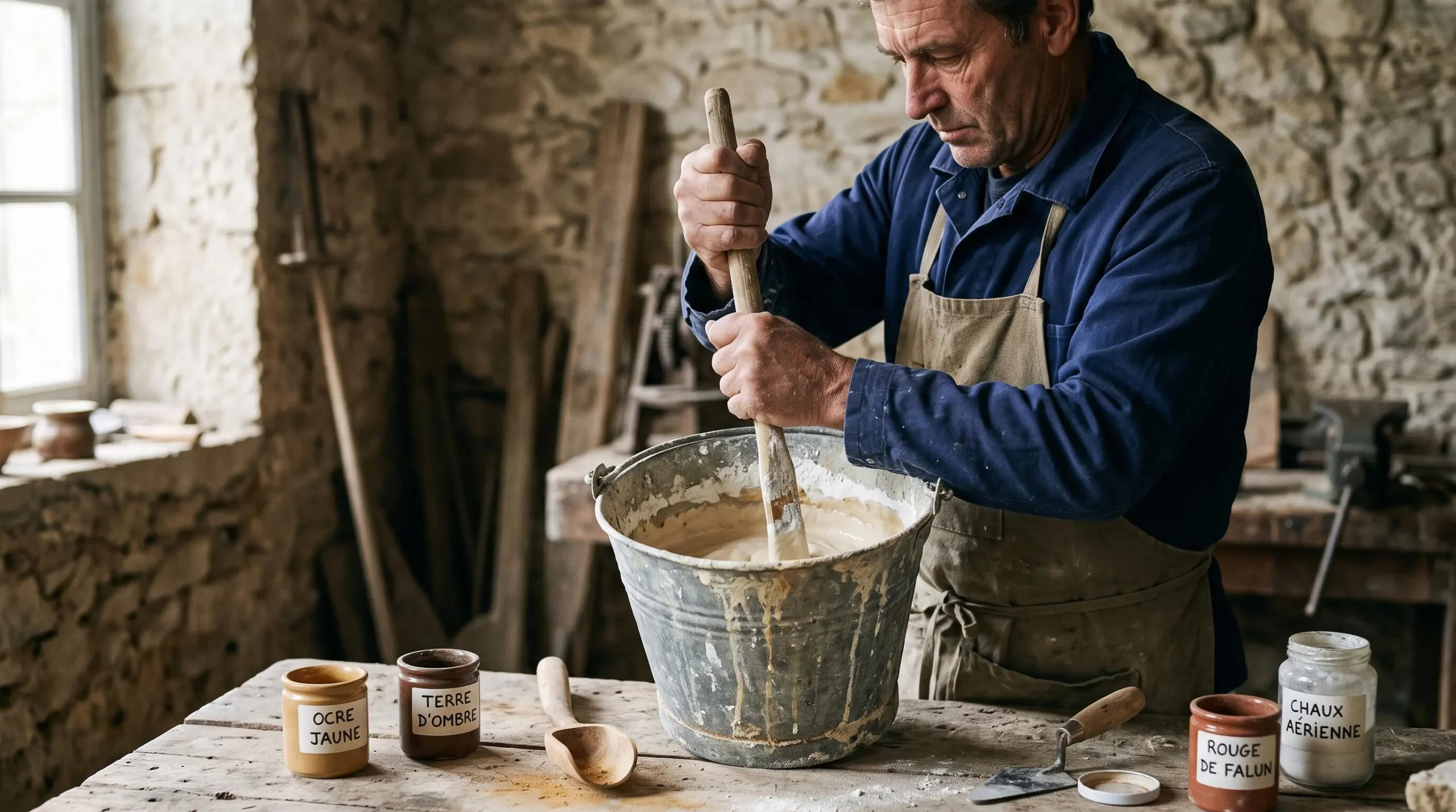 Artisan préparant un badigeon à la chaux avec pigments naturels dans un atelier de chantier patrimoine