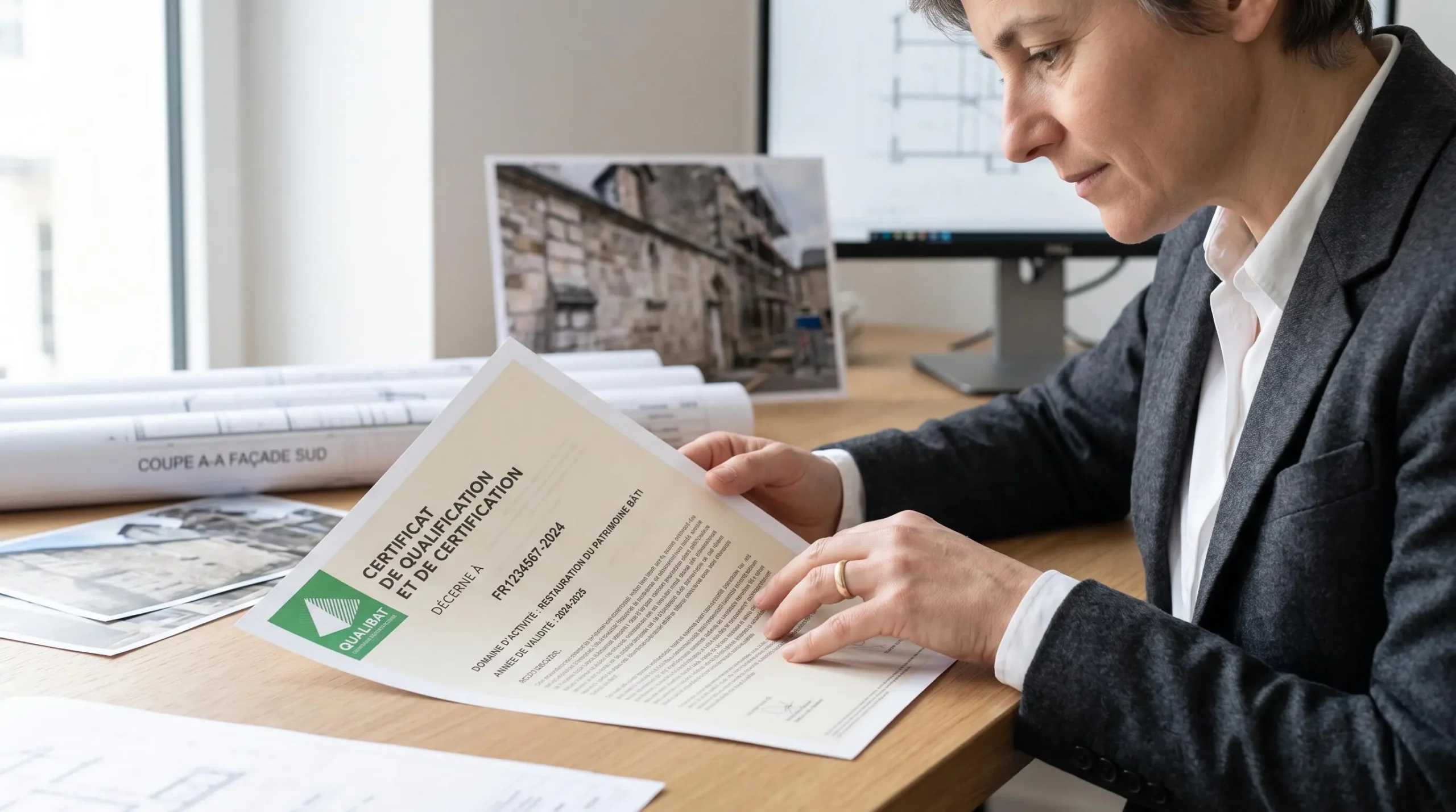 Main consultant un certificat de qualification Qualibat posé sur un bureau avec documentation de chantier patrimonial en arrière-plan