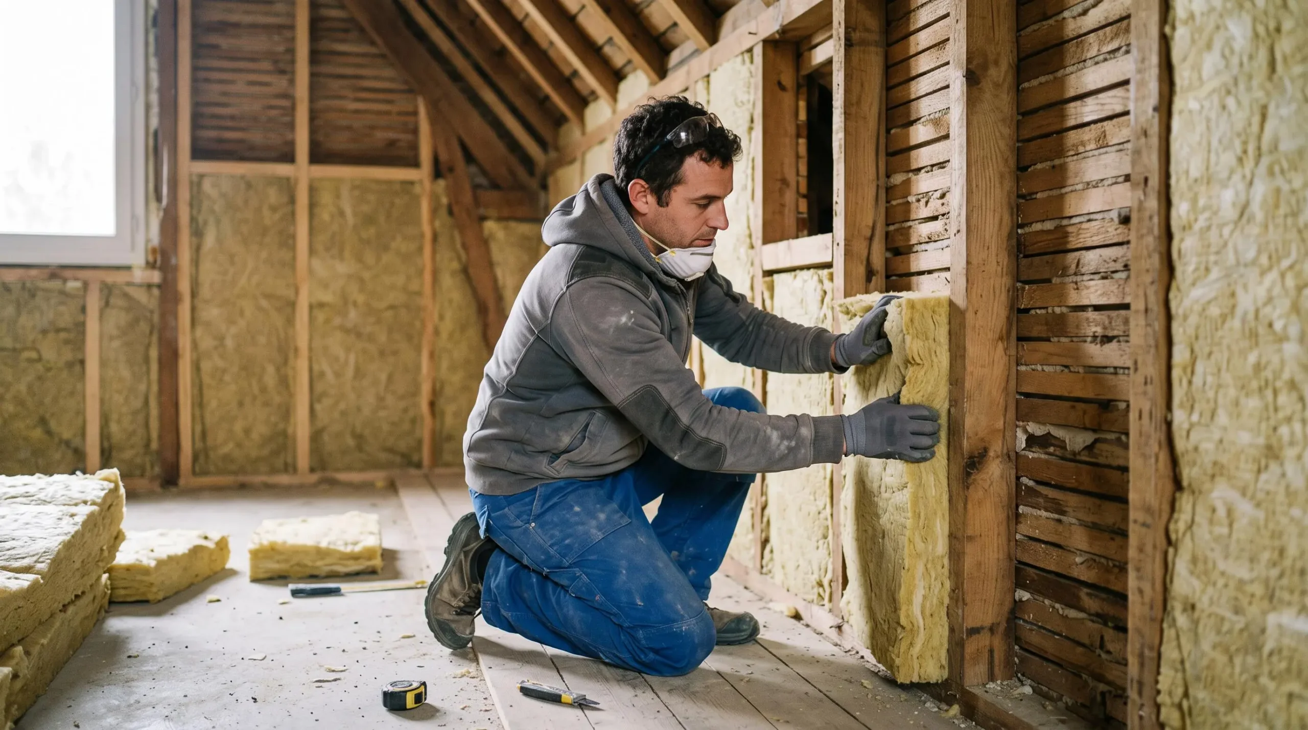 Artisan installant des panneaux d'isolation thermique entre les montants d'un mur lors d'une rénovation résidentielle