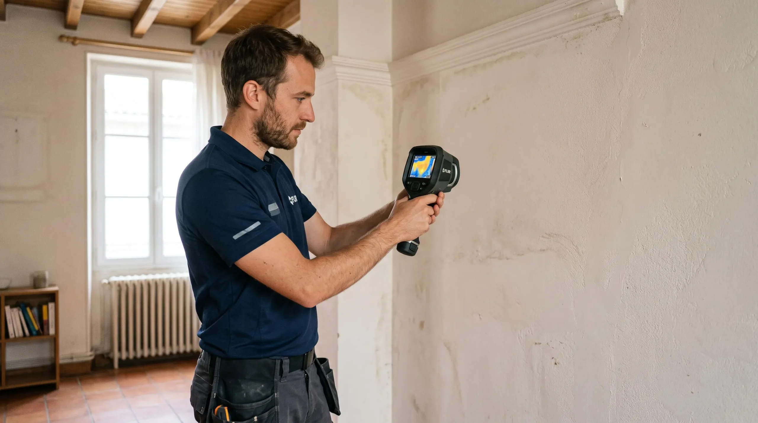 Technicien utilisant une caméra thermique pour détecter les déperditions de chaleur sur un mur intérieur d'une habitation