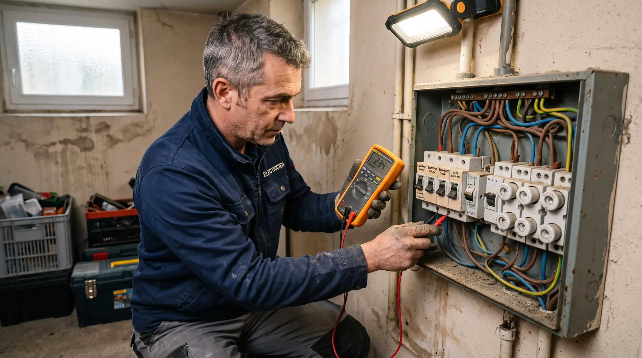 Électricien professionnel inspectant un tableau électrique ancien avec un appareil de mesure dans une maison résidentielle
