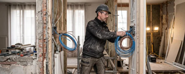 Professionnel en rénovation travaillant sur une installation électrique dans une maison en rénovation globale avec matériaux et équipements visibles