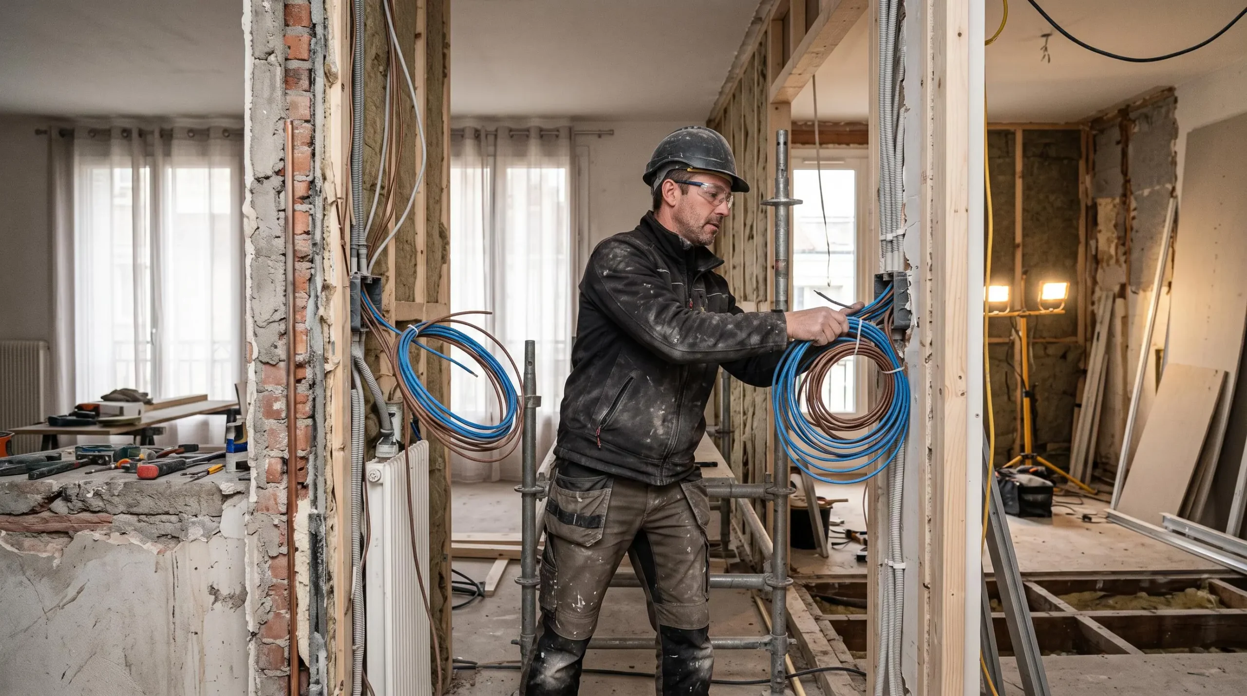 Professionnel en rénovation travaillant sur une installation électrique dans une maison en rénovation globale avec matériaux et équipements visibles